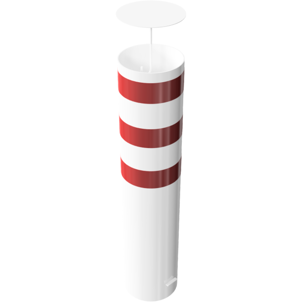 Barrier bollard | Steel tube  323 x 5 mm | stationary | for setting in concrete | hot-dip galvanized and white coatedwith three red reflecting stripes | total length: 1500 mm | steel cap with concrete anchor